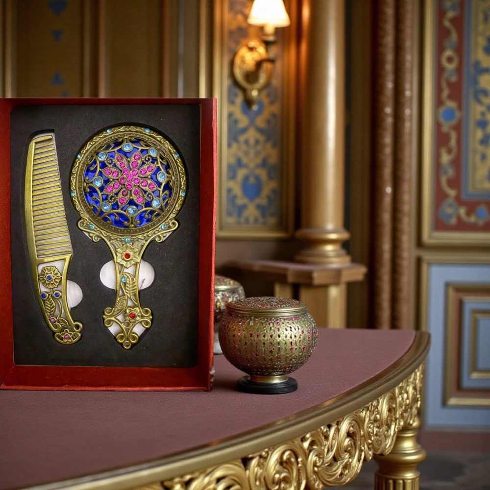 Unique Vintage-Style Jewel Encrusted Hand Makeup Mirror and Comb Set
